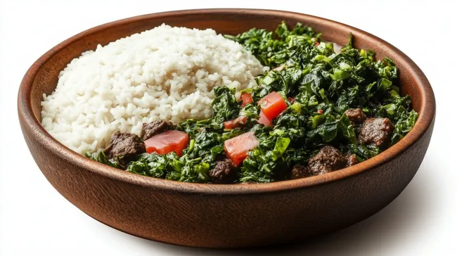Schmackhaftes tansanisches Ugali-Gericht mit grünen Blättern
