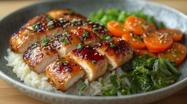 Schmackhaftes Teriyaki-Hähnchen mit Reis und Gemüse