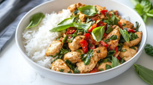Schmackhaftes thailändisches Basilikunhähnchen mit Jasminreis