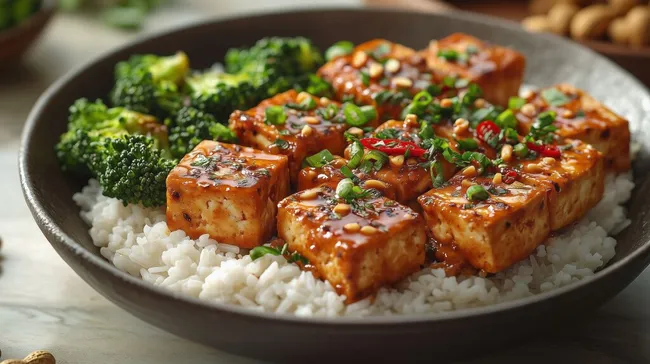 Schmackhaftes Tofu-Gericht mit Brokkoli und Reis