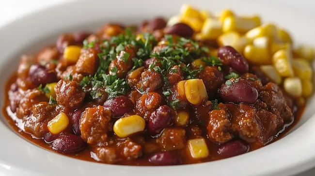 Schmackhaftes vegetarisches Chili mit Bohnen und Mais