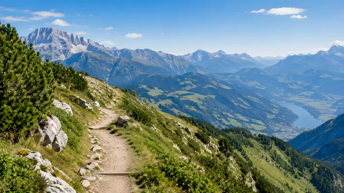 Schmaler Wanderweg in den Alpen mit Bergpanorama