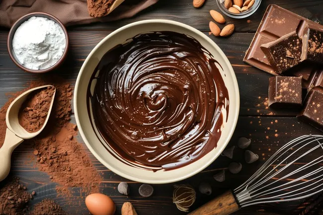 Schmelzende Schokolade und Kakaopulver in rustikaler Anordnung