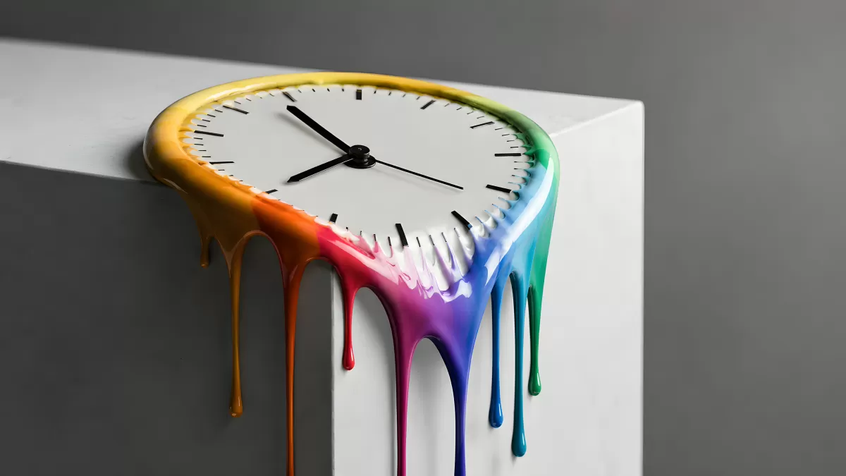 Schmelzende Uhr mit bunten Farbverläufen auf Würfel