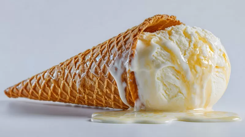 Schmelzende Vanille Eiskugel in Waffel isoliert auf Weiß