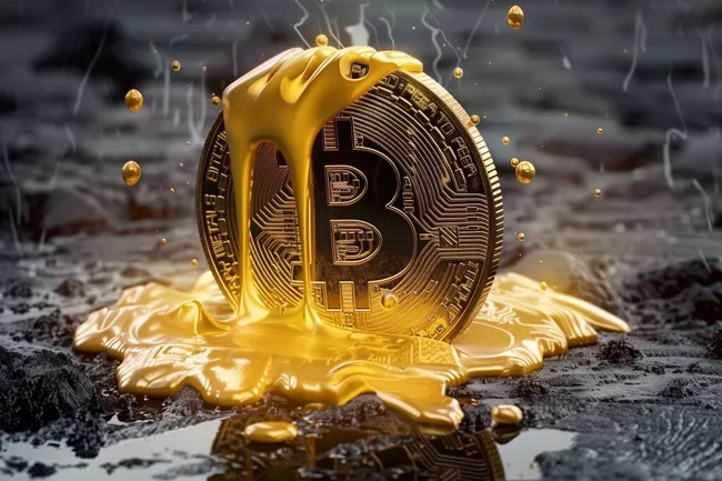 Schmelzender Bitcoin in surrealem Bärenmakret-Szenario