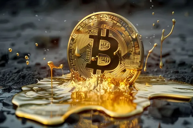 Schmelzender Bitcoin-Münze auf glänzender Oberfläche