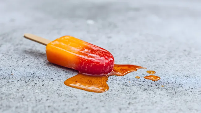 Schmelzendes Eis am Stiel auf heißem Boden