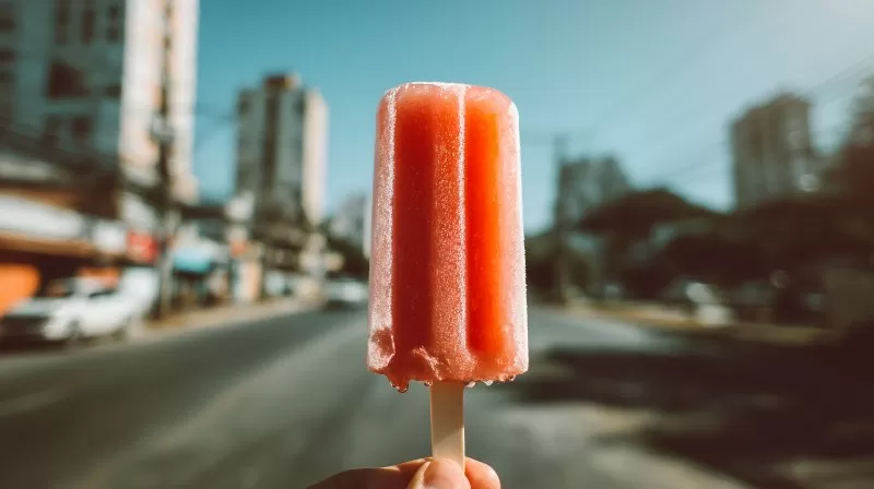 Schmelzendes Eis am Stiel in Hand vor urbanem Hintergrund