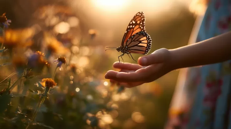 Schmetterling auf Kinderhand bei Sonnenuntergang im Garten
