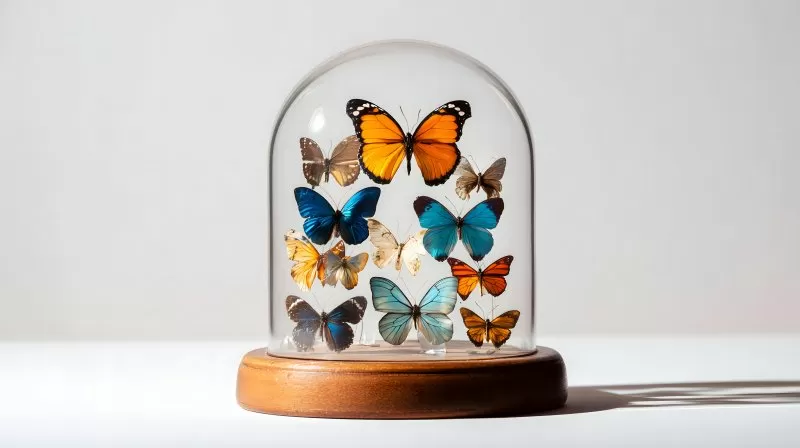 Schmetterlinge unter Glasglocke auf weißem Hintergrund