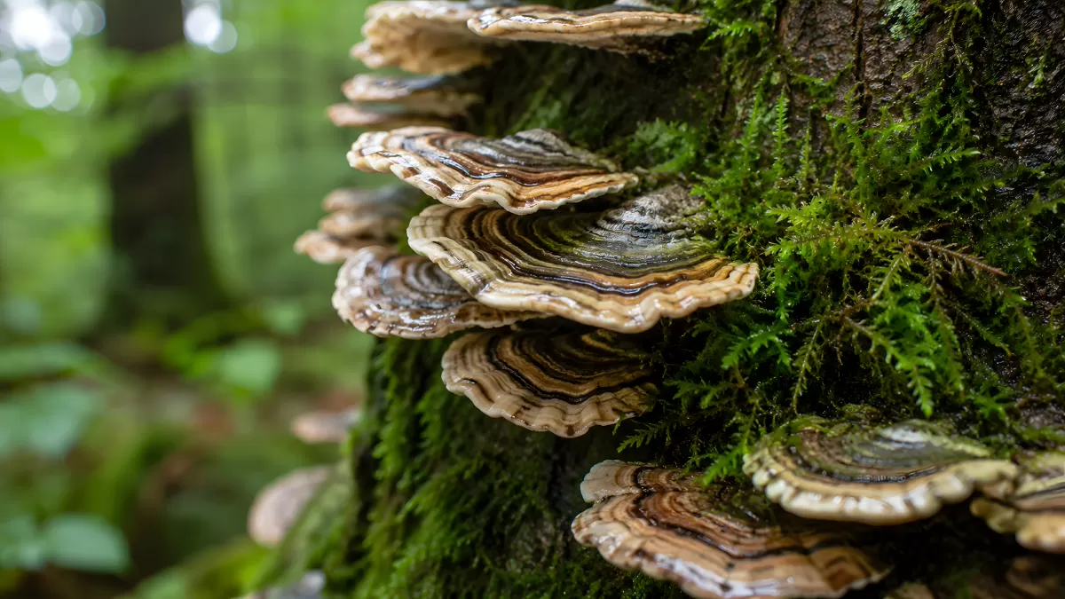Schmetterlingstrameten wachsen an bemoostem Baumstamm