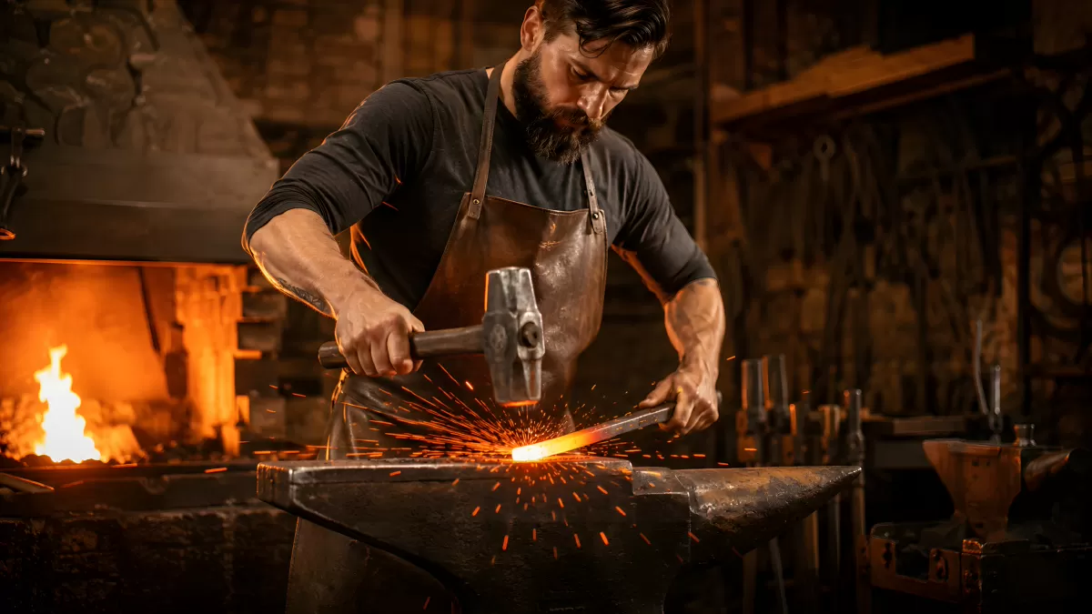 Schmied bearbeitet glühendes Metall auf dem Amboss