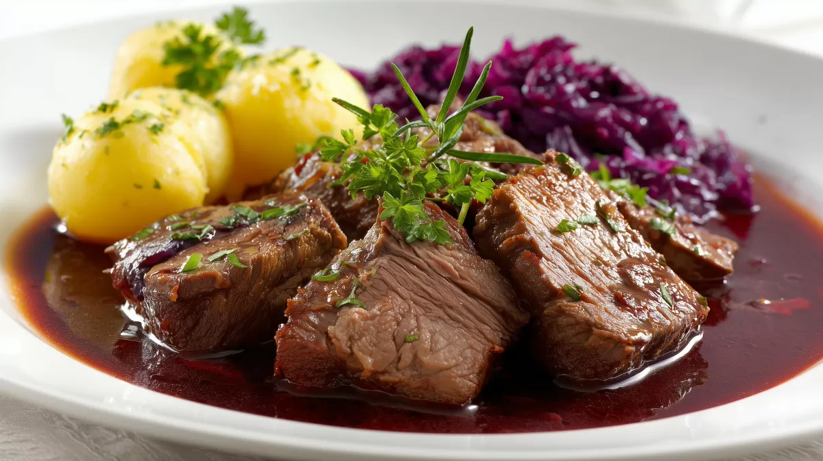 Schmorbraten mit Burgundersauce und Rotkohl