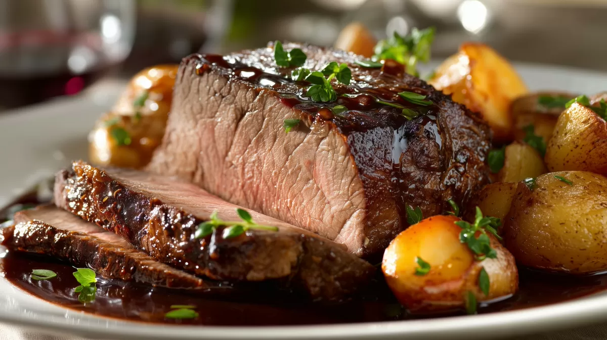Schmorbraten vom Rind mit Bratensauce und Kartoffeln