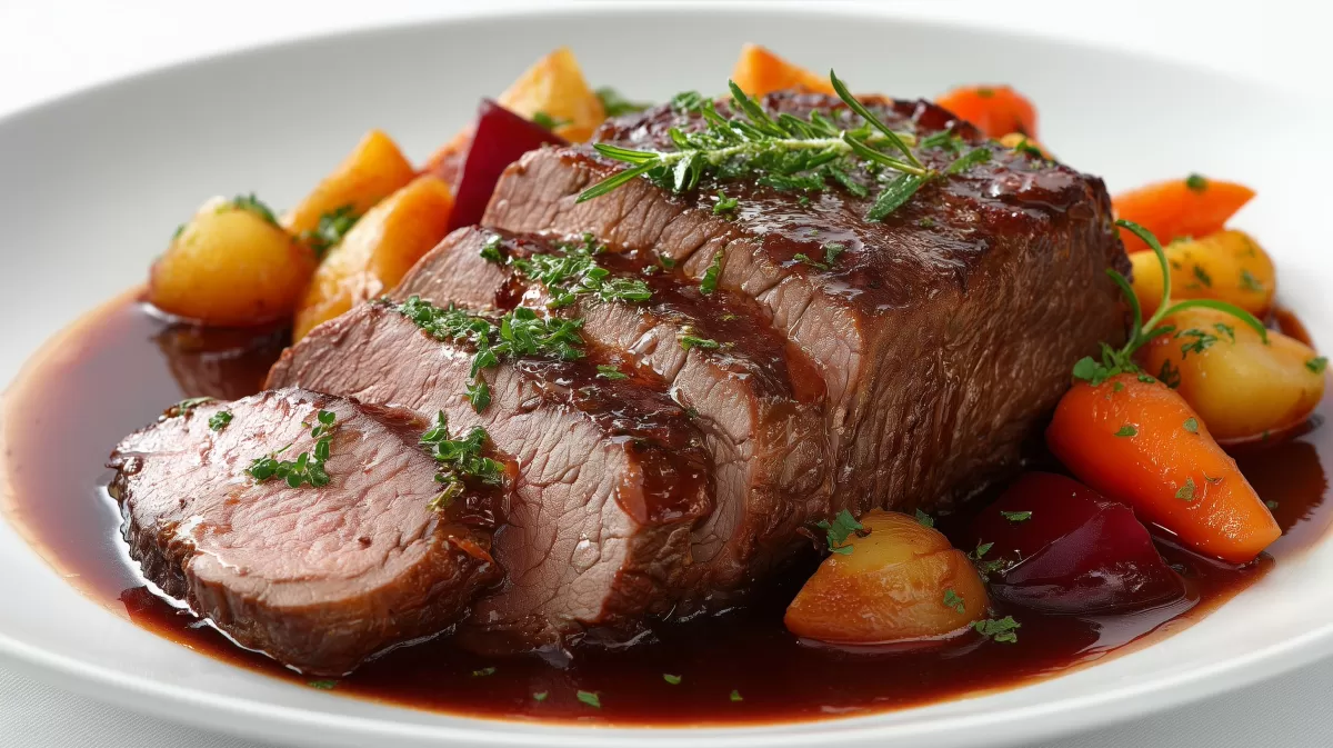 Schmorbraten vom Rind mit Gemüse und Rotweinsauce