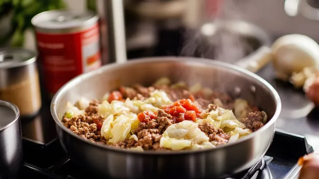 Schmorgericht mit Hackfleisch und Kohl in moderner Küche