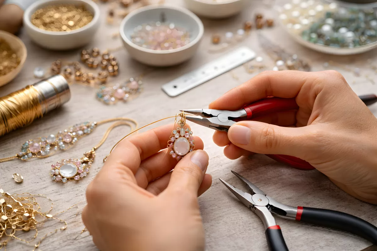 Schmuckherstellung mit Zange und Perlen auf Holztisch