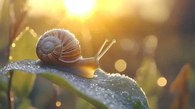 Schnecke auf Morgentau-bedecktem Blatt bei Sonnenaufgang