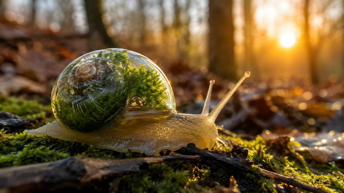 Schnecke mit durchsichtigem Gehäuse im Herbstwald