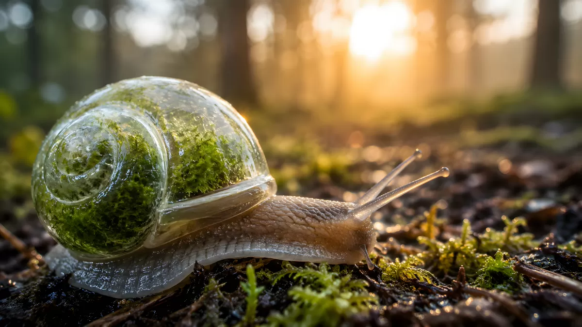 Schnecke mit durchsichtigem Glasgehäuse im Waldlicht