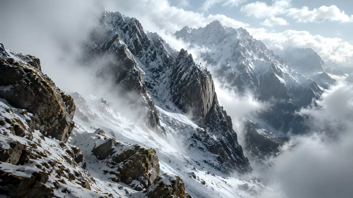 Schneebedeckte Berggipfel in Wolken und Nebel