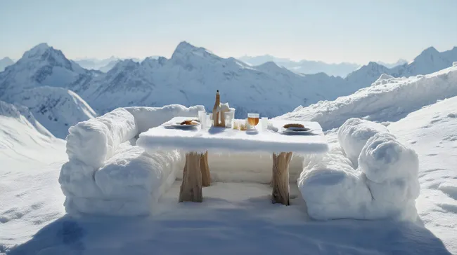 Schneebedeckte Berglandschaft mit gedecktem Tisch