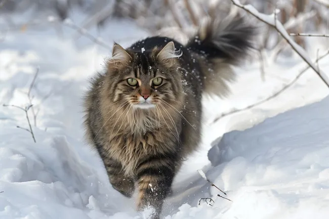 Schneebedeckte Norwegische Waldkatze im Winterwald