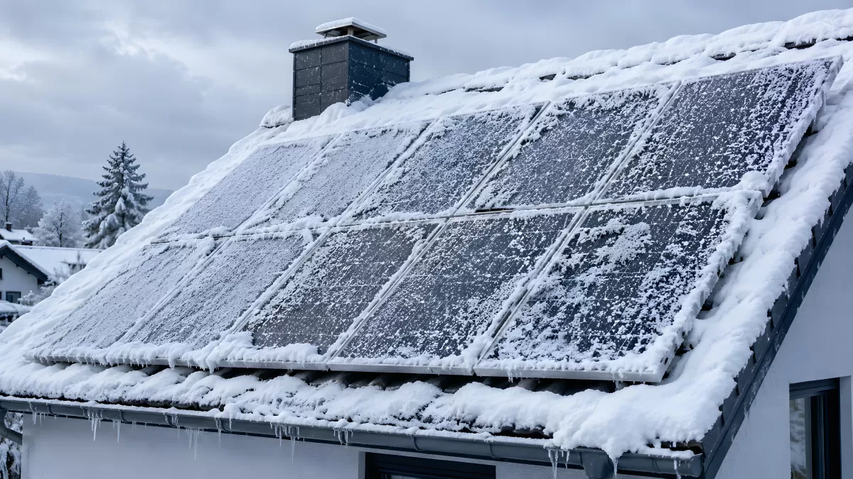 Schneebedeckte Solarpanele auf Hausdach im Winter