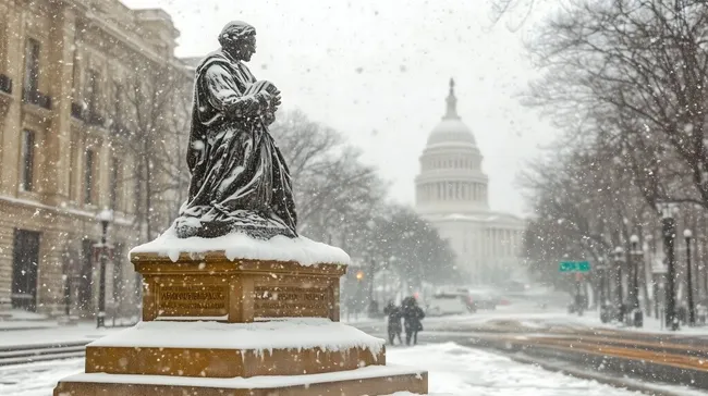 Schneebedeckte Statue vor dem US-Kapitol in Washington D.C.