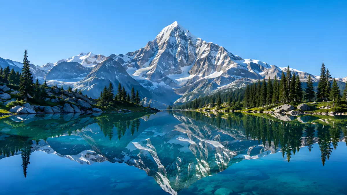 Schneebedeckter Berggipfel spiegelt sich im Bergsee