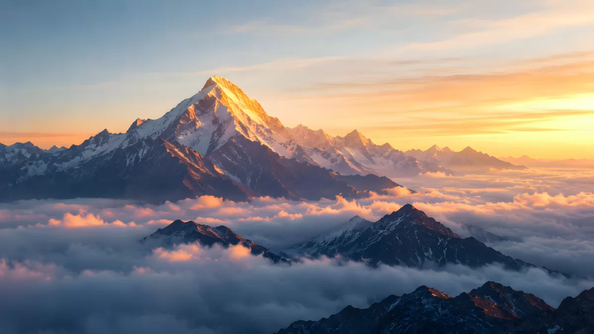 Schneebedeckter Berggipfel über dem Wolkenmeer bei Sonnenuntergang