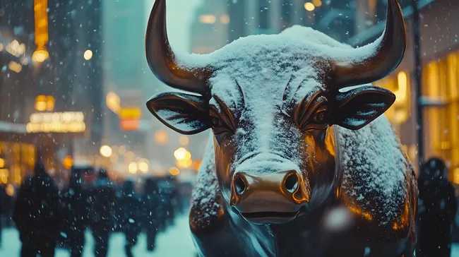 Schneebedeckter Börsenstier in New Yorker Winterstimmung