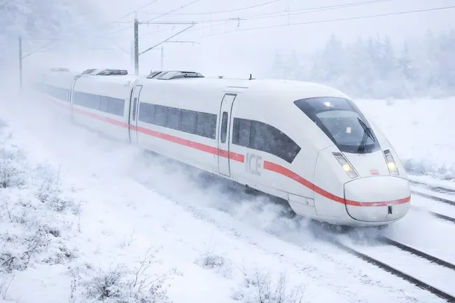 Schneebedeckter Hochgeschwindigkeitszug auf Bahngleisen