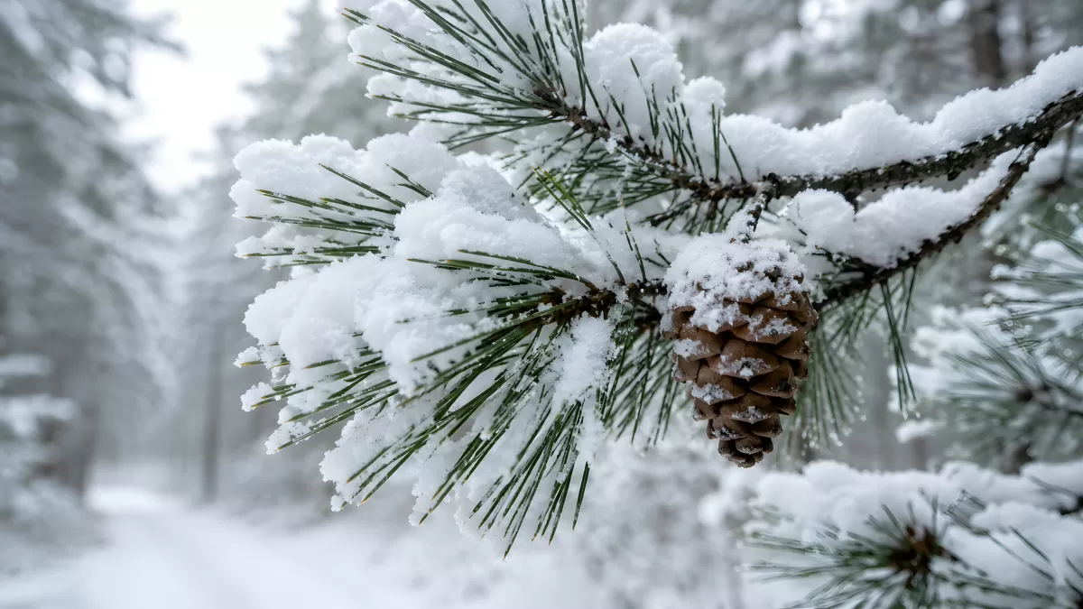 Schneebedeckter Tannenzweig mit Zapfen im Winter