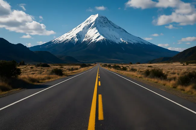 Schneebedeckter Vulkan mit kurviger Bergstraße
