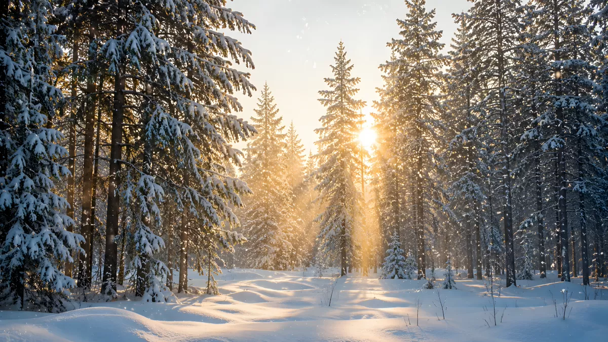Schneebedeckter Winterwald mit Sonnengegenlicht