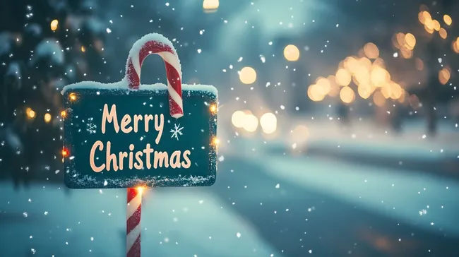 Schneebedecktes Weihnachtsschild mit Zuckerstange