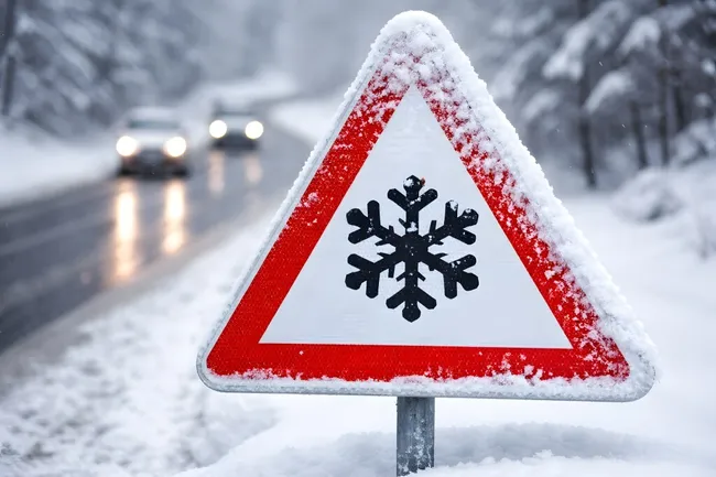 Schneebehangenes Verkehrsschild bei Glatteis