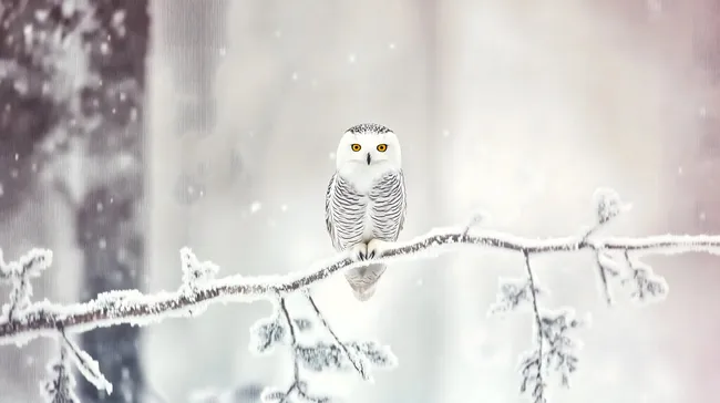 Schneeeule auf verschneitem Ast im Winterwald