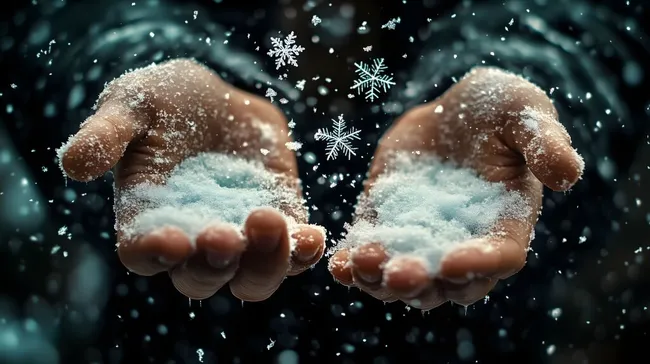 Schneeflocken in den Händen eines Menschen