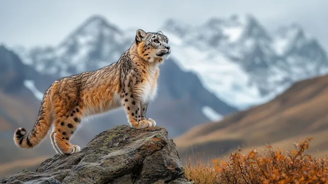 Schneeleopard auf Bergspitze in winterlicher Berglandschaft