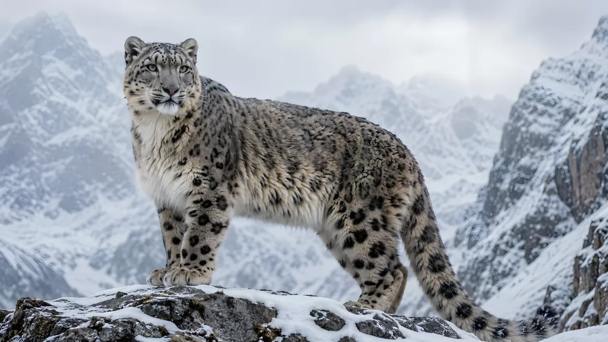 Schneeleopard auf Felsen vor verschneitem Gebirge