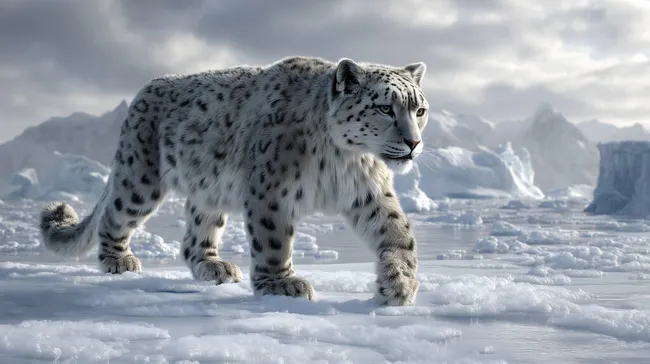 Schneeleopard in eisiger Berglandschaft
