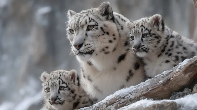 Schneeleoparden-Familie im Gebirge