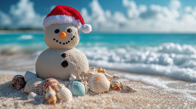 Schneemann am tropischen Strand mit Weihnachtsmütze