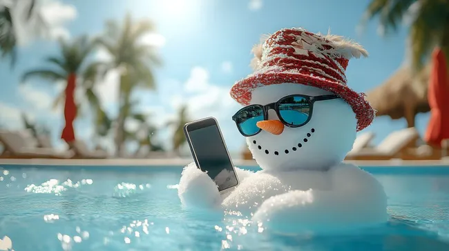 Schneemann im tropischen Poolurlaub mit Smartphone
