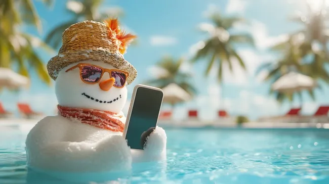 Schneemann im tropischen Urlaubsparadies mit Handy