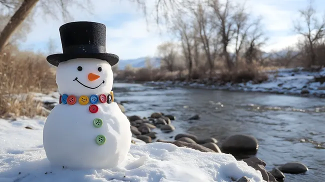 Schneemann mit Knöpfen und Hut in Winterlandschaft am Fluss