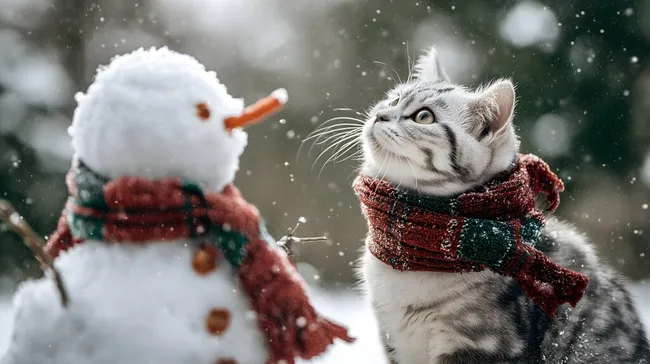 Schneemann und Katze im Winterwunderland
